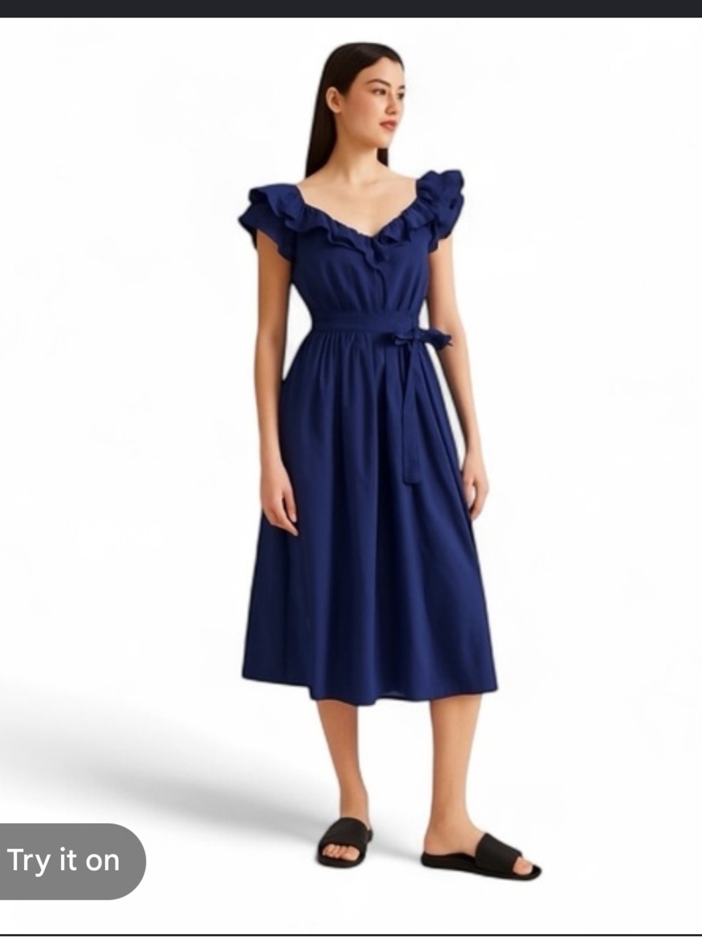 Hill House Ava Navy Ruffle Midi Dress with Waist Tie